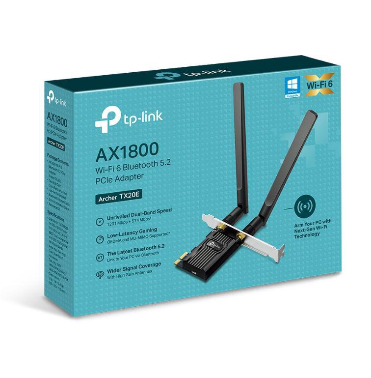 Adaptor wireless TP-Link, ARCHER TX20E, AX1800, 2 x antene externe Dual-Band 5Ghz, 2.4 Ghz, dimensiuni: 120.8 × 78.5 × 20.9 mm, Bluetooth 5.2.