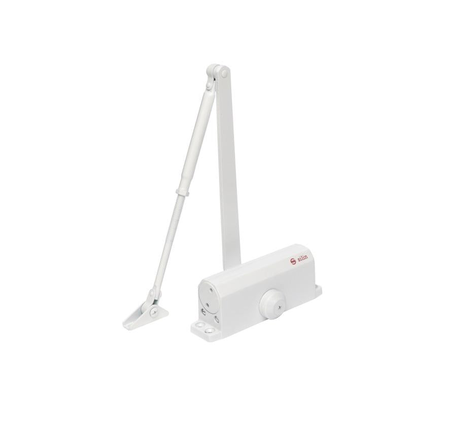 Amortizor hidraulic cu brat SA-6033AW-wh, alb; Pentru: usi cu greutatea de 40-65 kg; latime usa ?950mm; Ulei hidraulic termostabil; Viteza de inchidere reglabila; Montare universala: stanga sau dreapta; Culoare: alb; Deschidere usa la 180°;