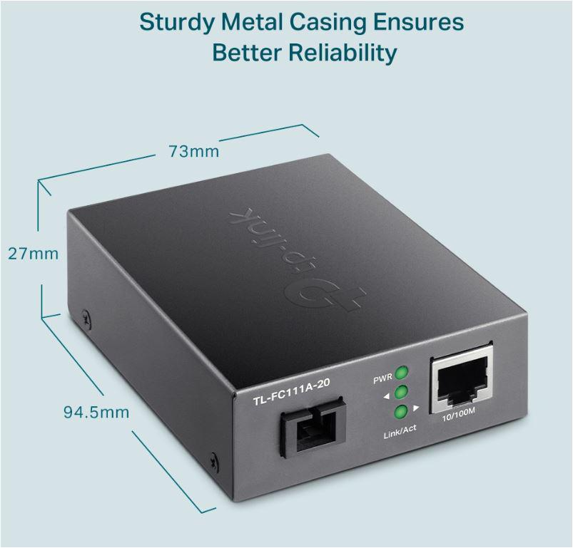 "10/100 Mbps RJ45 to 100 Mbps Single-mode SC WDM Bi-Directional Fiber Converter PORT: 1× 100Mbps SC Port, 1× 10/100M RJ45 Port (Auto MDI/MDIX) SPEC: Full-duplex, Tx:1550 nm, Rx:1310 nm, Up to 20 km, Chassis TL-FC1420 rack-mountable"