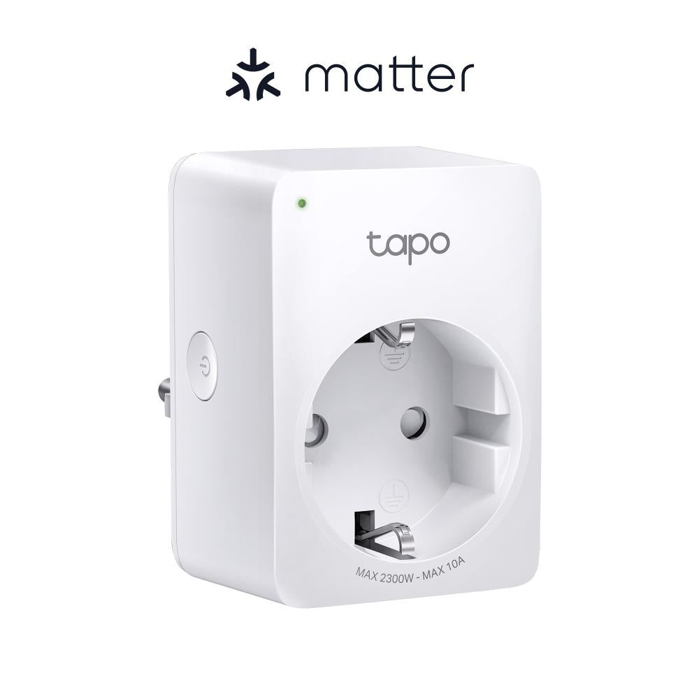 TP-LINK TAPO P100M Mini priz? Wi-Fi smart, compatibil? cu Matter, WIFI Protocol: IEEE 802.11b/g/n, Bluetooth, 2.4Ghz, Dimensiuni: 72 × 51 × 40 mm, Cerinte de alimentare: 100-240V~, Incarcare maxima: 2,300W, 10A.