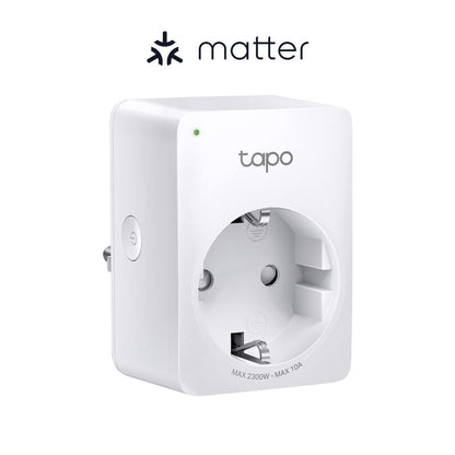 TP-LINK TAPO P100M Mini priz? Wi-Fi smart, compatibil? cu Matter, WIFI Protocol: IEEE 802.11b/g/n, Bluetooth, 2.4Ghz, Dimensiuni: 72 × 51 × 40 mm, Cerinte de alimentare: 100-240V~, Incarcare maxima: 2,300W, 10A.