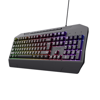 Tastatura Trust cu fir GXT836 Evocs, numar butoane 114, interfata USB 2.0, conector USB-A, iluminare RGB rainbow, negru