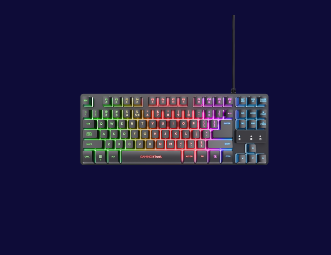 Kit Trust Wireless GXT 798 2-in-1, tastatura mecanica, interfata USB, material ABS, mouse optic, rezolutie maxima 6400 DPI, 6 butoane, negru