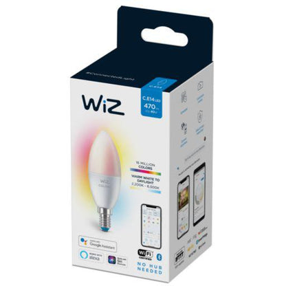 Bec LED RGB inteligent WiZ Connected Colors C37, Wi-Fi, E14, 4.9W (40W) ,470 lm, lumina alba si color (2200-6500K), compatibil GoogleAssistant/Alexa/Siri