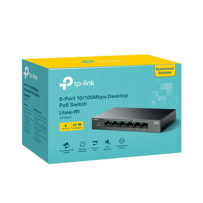 "6-Port 10/100 Mbps Desktop Switch with 4-Port PoE PORT: 4× 10/100 Mbps PoE Ports, 2× 10/100 Mbps Non-PoE Ports SPEC: 802.3af, 41 W PoE Power, Desktop Steel Case FEATURE: Extend Mode for 250m PoE Transmitting, PoE Auto Recovery, Plug and Play"