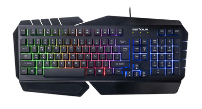 Tastatura gamig Serioux Andor, 104 taste, 19 taste Anti-ghosting , design ergonomic, iluminare rainbow, structura metalica neagra, taste negre, design cu palm rest, cablu USB 1.5M PVC, plug and play, compatibila cu Windows 2000/XP/9X/VISTA/7/8/10