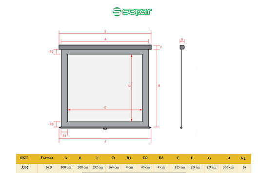 Ecran de proiectie manual, cu prindere in tavan/perete Sopar Platinum 16:9 300x208cm