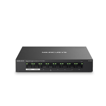 Switch Mercusys Desktop  8 porturi Gigabit, MS108GP, 7 porturi POE (1-7) , buget POE: 65 W, Standarde si protocoale: IEEE 802.3x Flow Control, Dimensiuni: 171*98*27 mm.