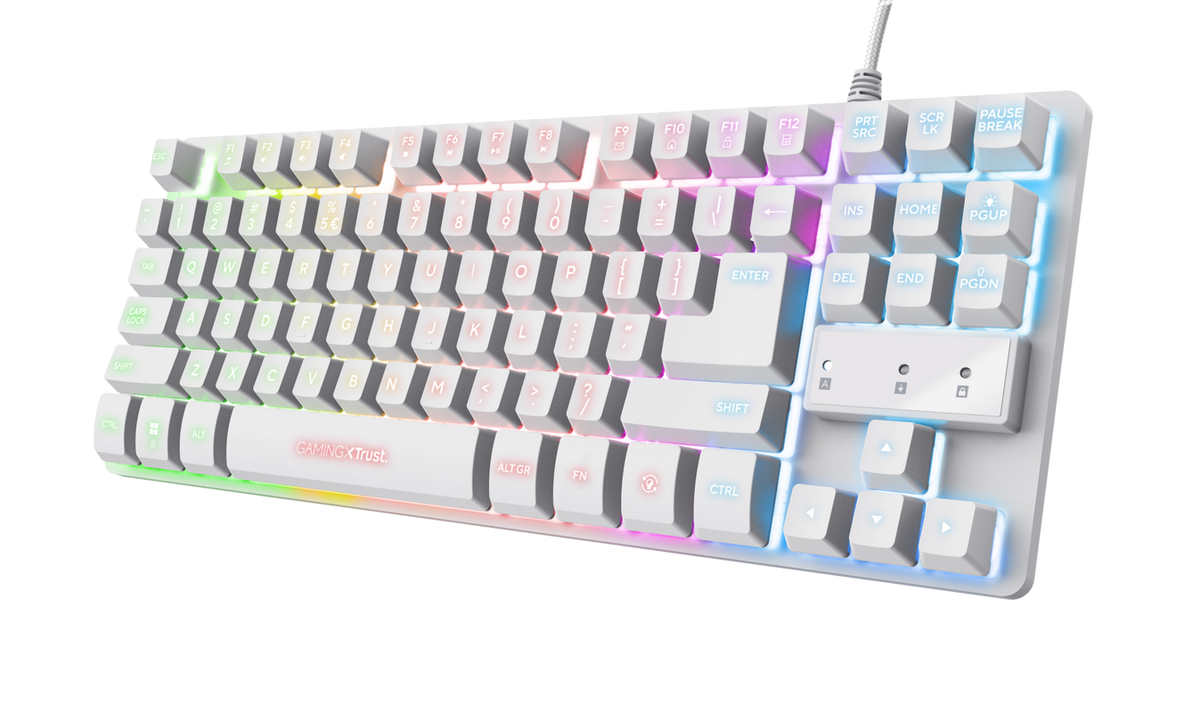 Tastatura Trust cu fir GXT833W Thado, numar butoane 87, interfata USB 2.0, conector USB-A male, compatibila cu PS4, Xbox One, Nintendo Switch, PS5, alb