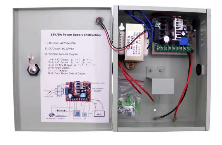 SURSA ALIMENTARE  5A CARCASA METAL Input voltage: 220V AC~240V AC; 50~60Hz Output voltage: 11V DC-14V DC 5A Output contact: locking, access control, exit button Backup battery: Support 12V/7AH (not included)