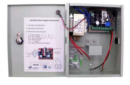 SURSA ALIMENTARE  5A CARCASA METAL Input voltage: 220V AC~240V AC; 50~60Hz Output voltage: 11V DC-14V DC 5A Output contact: locking, access control, exit button Backup battery: Support 12V/7AH (not included)