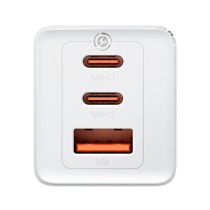 Incarcator retea Baseus GaN5 PRO, Quick Charge 65W, 2 porturi USB PD, 1 port USB Quick Charge, include cablu USB -C la USB-C de 100W, lungime 1m, alb