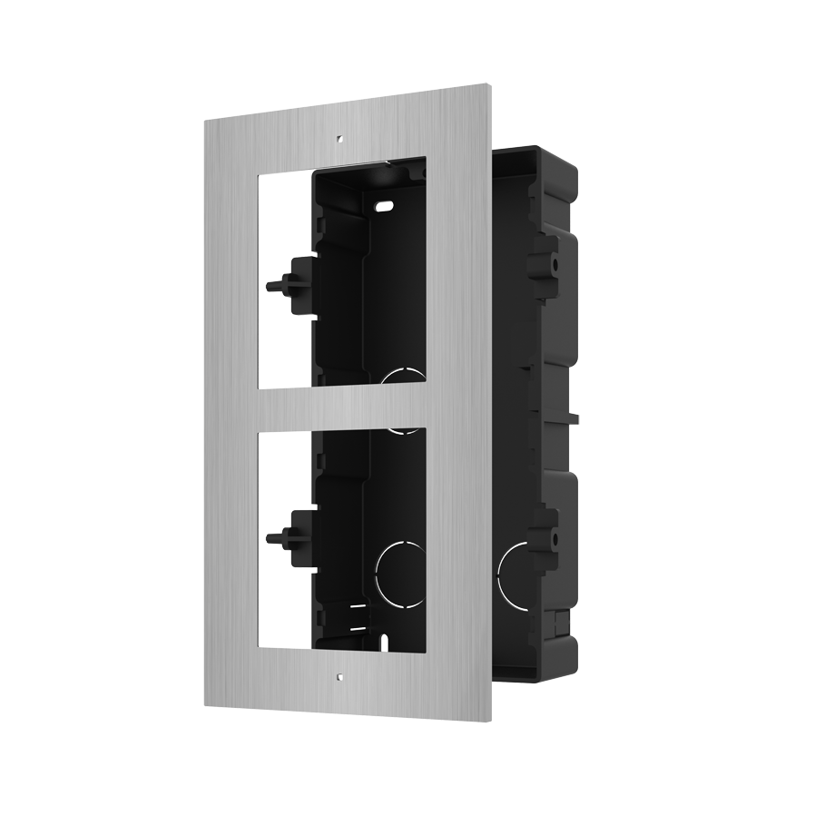 Panou frontal pentru 2 module de videointerfon modular Hikvision DS-KD- ACF2/S; permite conectarea a 2 module de interfon modular; montare incastrata; material otel inoxidabil; doza de plastic inclusa; dimensiuni:236mm x 124mm x 4mm;