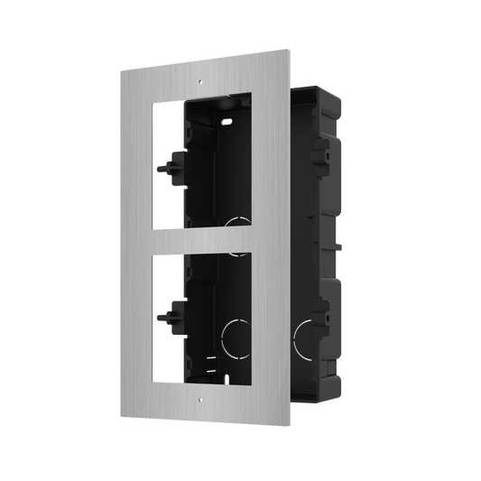 Panou frontal pentru 2 module de videointerfon modular Hikvision DS-KD- ACF2/S; permite conectarea a 2 module de interfon modular; montare incastrata; material otel inoxidabil; doza de plastic inclusa; dimensiuni:236mm x 124mm x 4mm;