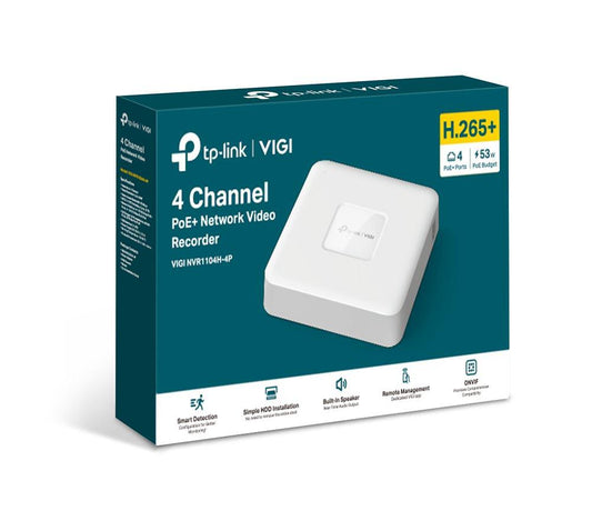 NVR PoE TP-Link VIGI 4 canale 1104H4P; 53W, 8 MP,1 SATA Interface, max 10TB, H.265+; ONVIF, Detec?ii avansate + sunete anormale