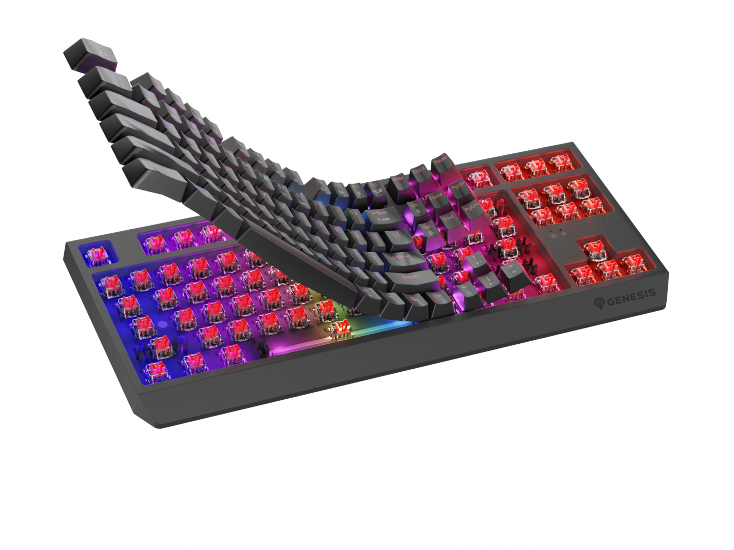 Tastatura gaming mecanica wireless Genesis Thor 230 TKL, iluminare RGB, swtich-uri Red, 87 taste, 11 butoane multimedia, negru