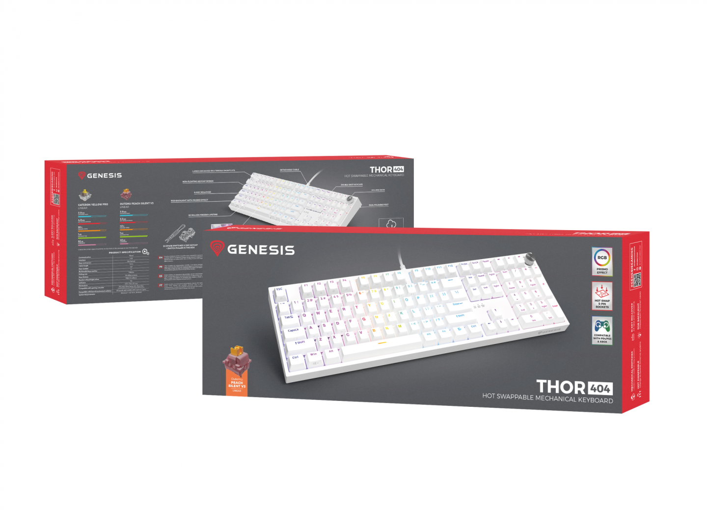 Tastatura gaming mecanica cu fir Genesis Thor 404, iluminare RGB, 107 taste, 11 butoane multimedia, alb