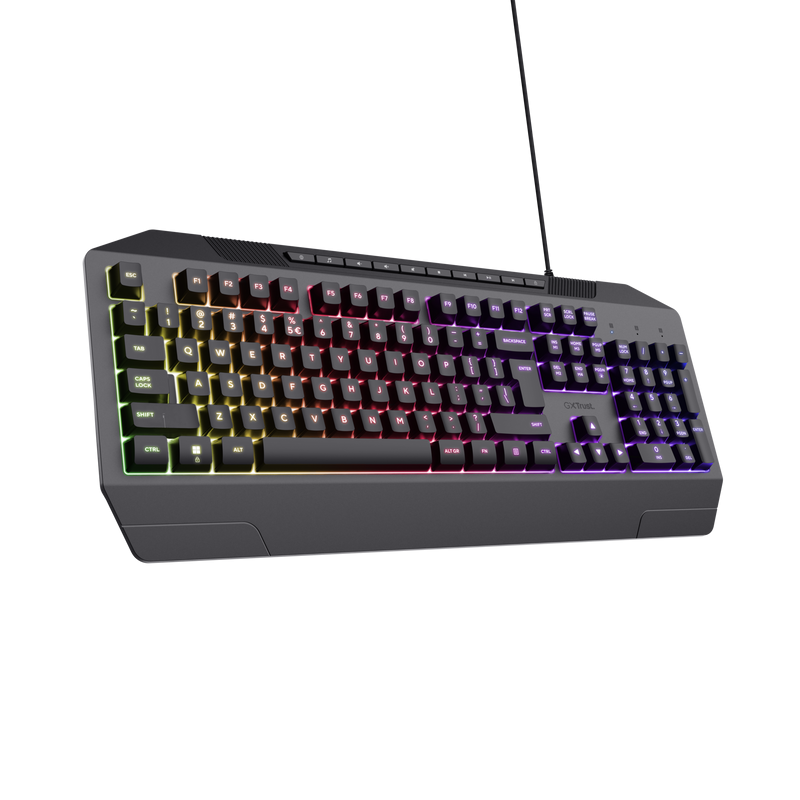 Tastatura Trust cu fir GXT836 Evocs, numar butoane 114, interfata USB 2.0, conector USB-A, iluminare RGB rainbow, negru