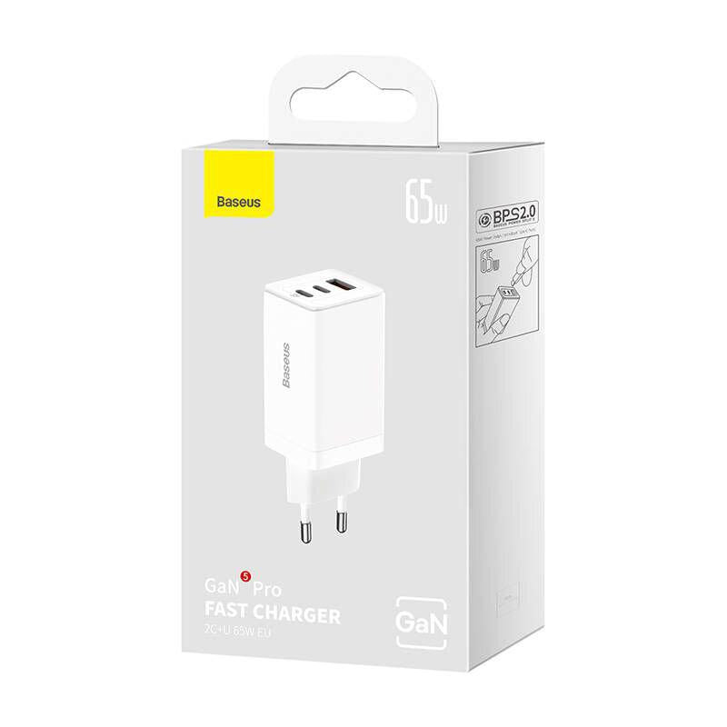 Incarcator retea Baseus GaN5 PRO, Quick Charge 65W, 2 porturi USB PD, 1 port USB Quick Charge, include cablu USB -C la USB-C de 100W, lungime 1m, alb