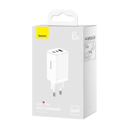 Incarcator retea Baseus GaN5 PRO, Quick Charge 65W, 2 porturi USB PD, 1 port USB Quick Charge, include cablu USB -C la USB-C de 100W, lungime 1m, alb