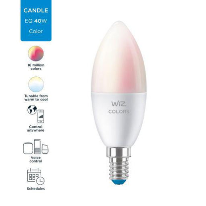 Bec LED RGB inteligent WiZ Connected Colors C37, Wi-Fi, E14, 4.9W (40W) ,470 lm, lumina alba si color (2200-6500K), compatibil GoogleAssistant/Alexa/Siri