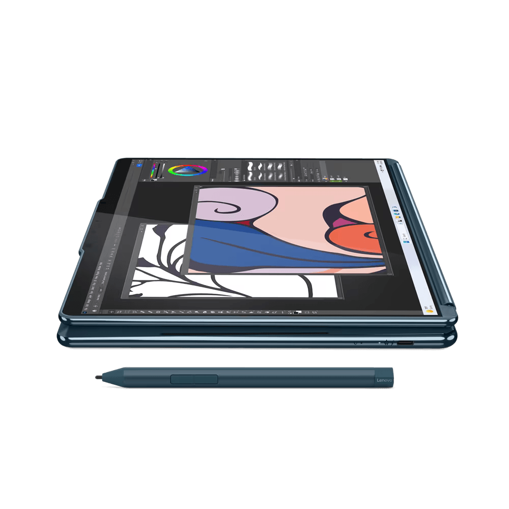 Laptop Lenovo Yoga Book 9 13IMU9 cu procesor Intel® Core™ Ultra 7 155U pana la 4.8GHz, 2 x 13.3", 2.8K, OLED, Touch, 32GB DDR5, 1TB SSD, Intel® Graphics, Windows 11 PRO, Tidal Teal, 3y on-site, Premium Care
