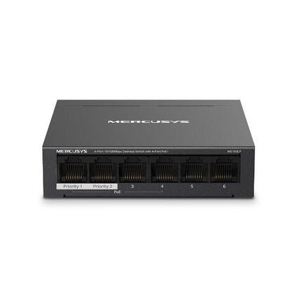 Mercusys Desktop Switch MS106LP 6 porturi 10/100Mbps, Standarde si protocoale  IEEE 802.3x Flow Control, 4 porturi POE, buget POE 40W, dimensiuni: 99.8*98*25mm.