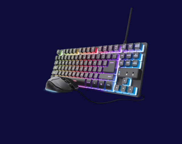 Kit Trust Wireless GXT 798 2-in-1, tastatura mecanica, interfata USB, material ABS, mouse optic, rezolutie maxima 6400 DPI, 6 butoane, negru