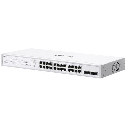 Switch TP-Link cu 28 de porturi, 24× Gigabit 802.3af/at PoE+ ports si 4× Gigabit SFP slots, capacitate switch 56 Gbps, dimensiuni 17.3×8.7×1.73 in (440×220×44 mm)