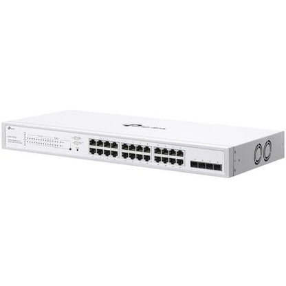 Switch TP-Link cu 28 de porturi, 24× Gigabit 802.3af/at PoE+ ports si 4× Gigabit SFP slots, capacitate switch 56 Gbps, dimensiuni 17.3×8.7×1.73 in (440×220×44 mm)