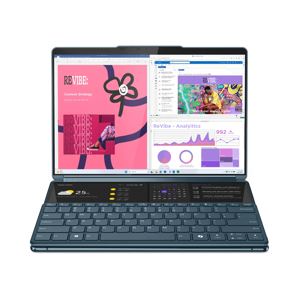 Laptop Lenovo Yoga Book 9 13IMU9 cu procesor Intel® Core™ Ultra 7 155U pana la 4.8GHz, 2 x 13.3", 2.8K, OLED, Touch, 32GB DDR5, 1TB SSD, Intel® Graphics, Windows 11 PRO, Tidal Teal, 3y on-site, Premium Care