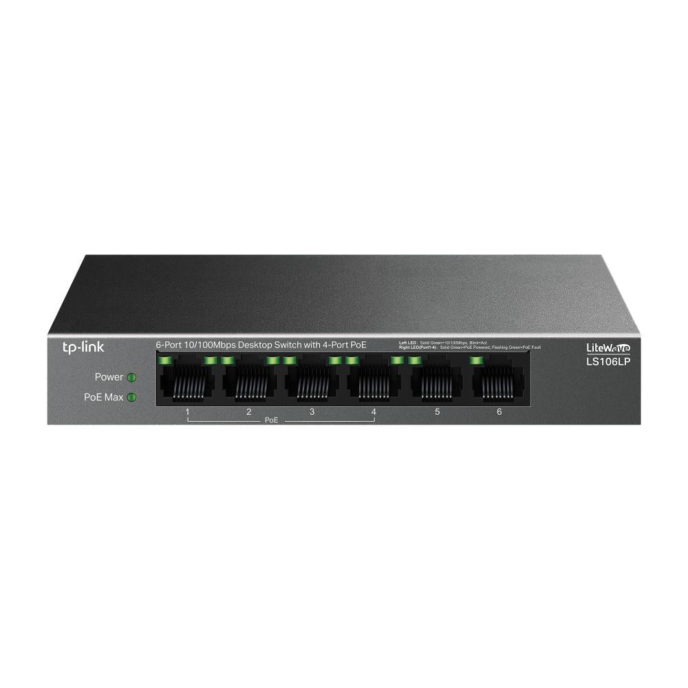 "6-Port 10/100 Mbps Desktop Switch with 4-Port PoE PORT: 4× 10/100 Mbps PoE Ports, 2× 10/100 Mbps Non-PoE Ports SPEC: 802.3af, 41 W PoE Power, Desktop Steel Case FEATURE: Extend Mode for 250m PoE Transmitting, PoE Auto Recovery, Plug and Play"