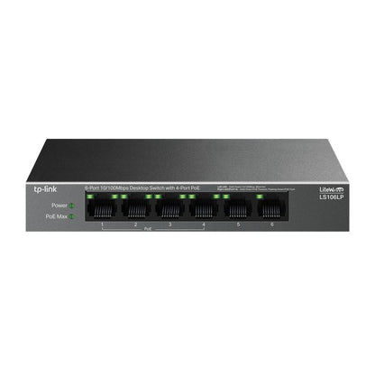 "6-Port 10/100 Mbps Desktop Switch with 4-Port PoE PORT: 4× 10/100 Mbps PoE Ports, 2× 10/100 Mbps Non-PoE Ports SPEC: 802.3af, 41 W PoE Power, Desktop Steel Case FEATURE: Extend Mode for 250m PoE Transmitting, PoE Auto Recovery, Plug and Play"