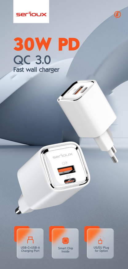 Incarcator retea Serioux 30W Quick Charge, Intrare AC100-240V~ 50/60Hz 0.7A Max, PD Ie?ire: 5V-3A, 9V-3A, 12V-2.5A, 15V 2A, 20V=1.5A (30W), QC Ie?ire: 5V-3A, 9V-2A, 12V=1.5A (18W), PD+QC=5V=3.6A, Total: 30W Max