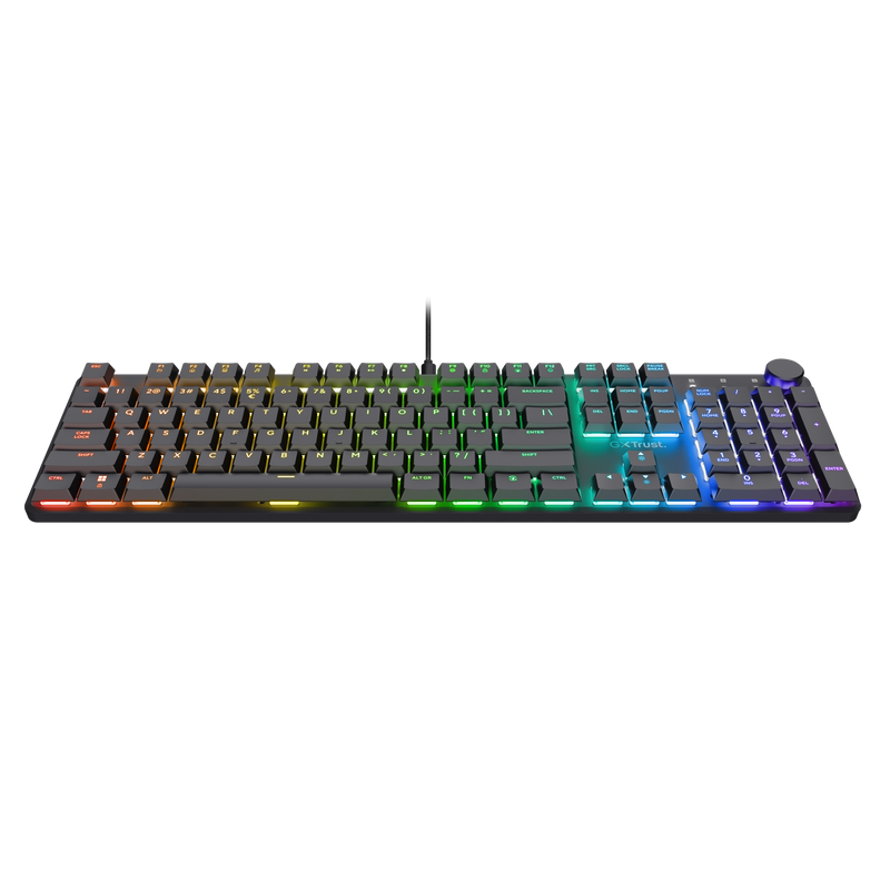 Tastatura mecanica Trust GXT 866 Torix cu fir, swtich linear, 104 butoane, full RGB, butoane programabile, tipuri de jocuri FPS, MMO, MOBA, RPG, RTS, negru