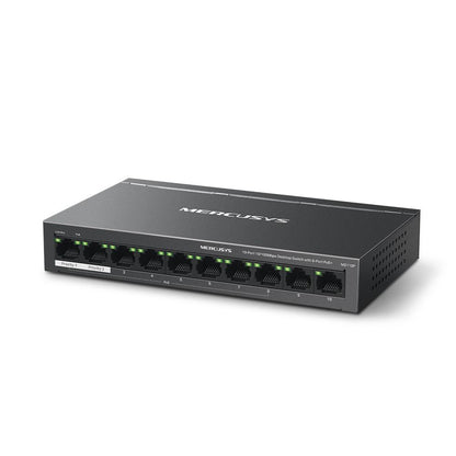MERCUSYS DESKTOP SWITCH 10PORT MS110P POE, Interfata:  10× 10/100 Mbps, Standarde si protocoale:  IEEE 802.3x Flow Control, Dimensiuni:  171*98* 27 mm, Porturi POE: 1-8, Buget POE: 65W.
