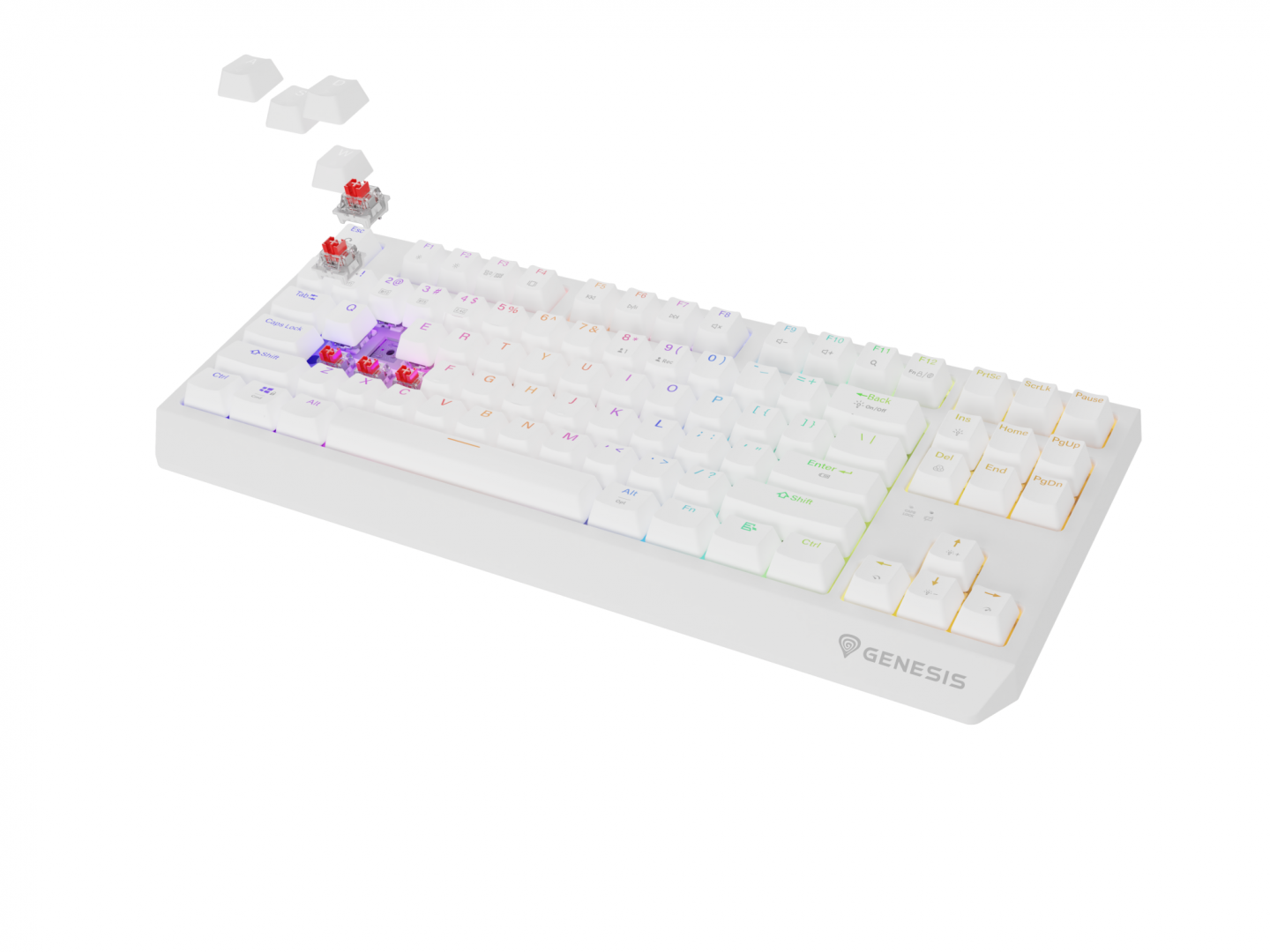 Tastatura gaming mecanica wireless Genesis Thor 230 TKL, iluminare RGB, 87 taste, 11 butoane multimedia, alb