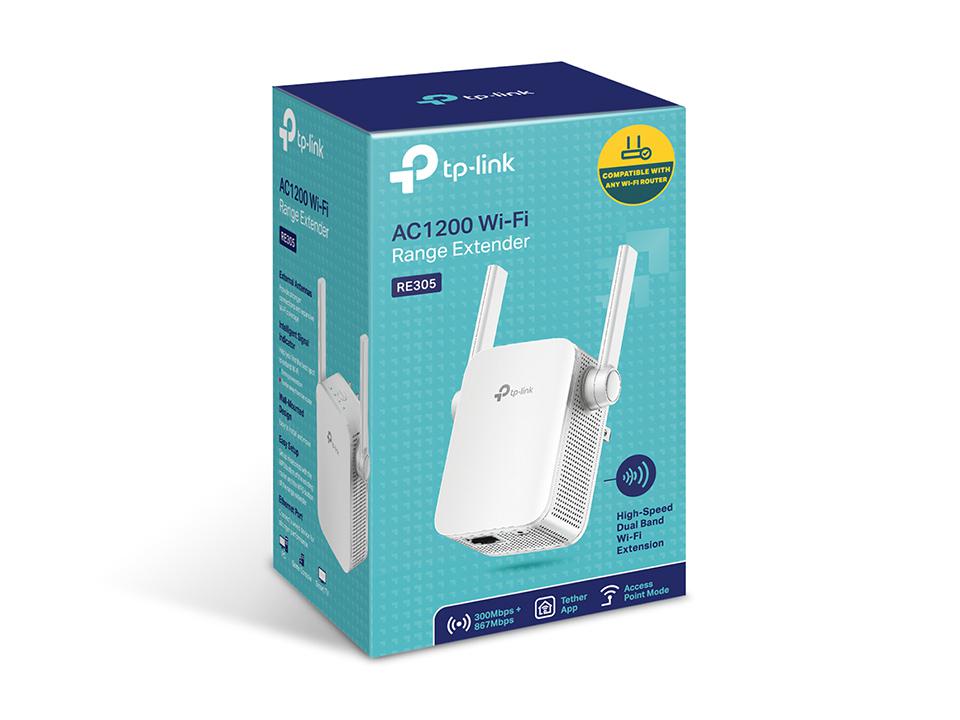 TP-link AC1200 Wi-Fi Range Extender, RE305, 2* external antenna, IEEE802.11ac, IEEE 802.11n, IEEE 802.11g, IEEE 802.11a, IEEE 802.11b, 1 * 10/100M Ethernet Port (RJ45), WPS Button, Reset Button, 2.4GHz & 5GHz (11ac)