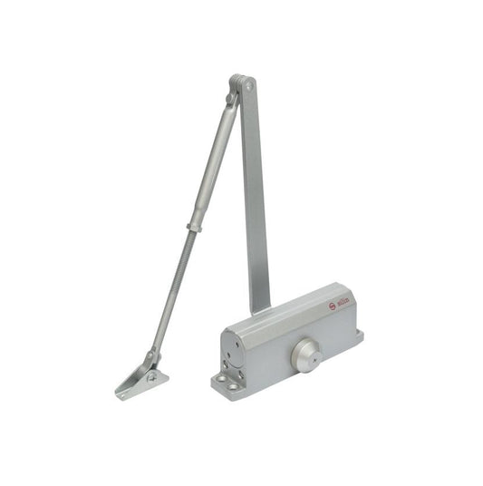 Amortizor hidraulic cu brat SA-6033AW-sv, argintiu; Pentru: usi cu greutatea de 40-65 kg; latime usa ?950mm; Ulei hidraulic termostabil; Viteza de inchidere reglabila; Montare universala: stanga sau dreapta; Culoare: argintiu; Deschidere usa la 180°;