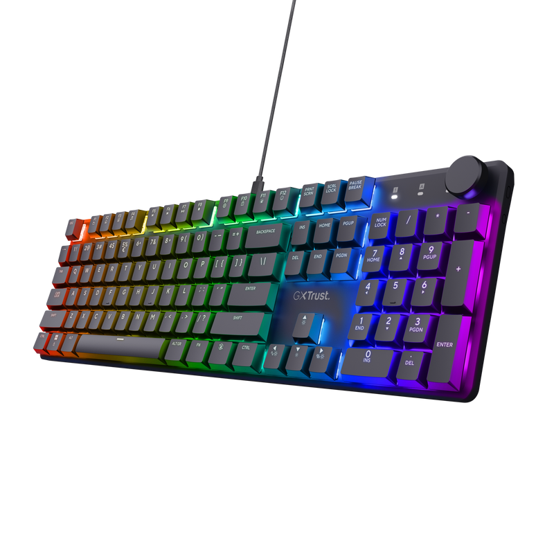 Tastatura mecanica Trust GXT 866 Torix cu fir, swtich linear, 104 butoane, full RGB, butoane programabile, tipuri de jocuri FPS, MMO, MOBA, RPG, RTS, negru