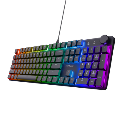 Tastatura mecanica Trust GXT 866 Torix cu fir, swtich linear, 104 butoane, full RGB, butoane programabile, tipuri de jocuri FPS, MMO, MOBA, RPG, RTS, negru