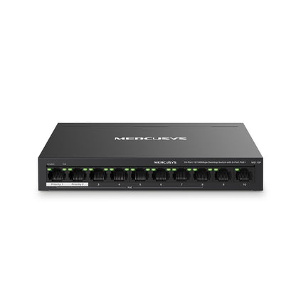 MERCUSYS DESKTOP SWITCH 10PORT MS110P POE, Interfata:  10× 10/100 Mbps, Standarde si protocoale:  IEEE 802.3x Flow Control, Dimensiuni:  171*98* 27 mm, Porturi POE: 1-8, Buget POE: 65W.