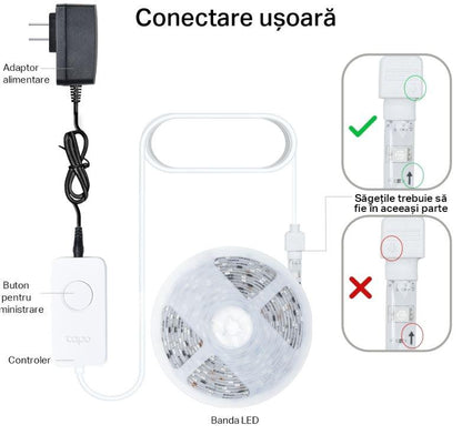 TP-Link Tapo L900-10 Smart light strip kit, 16 milioane culori, 2 x 5m, dimensiuni: 5000 × 10 × 1.6 mm fiecare, Wi-Fi Protocol: IEEE 802.11b/g/n, Frecventa: 2.4 GHz, intensitate reglabila.