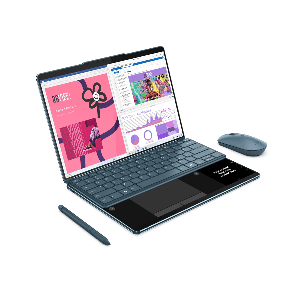 Laptop Lenovo Yoga Book 9 13IMU9 cu procesor Intel® Core™ Ultra 7 155U pana la 4.8GHz, 2 x 13.3", 2.8K, OLED, Touch, 32GB DDR5, 1TB SSD, Intel® Graphics, Windows 11 PRO, Tidal Teal, 3y on-site, Premium Care