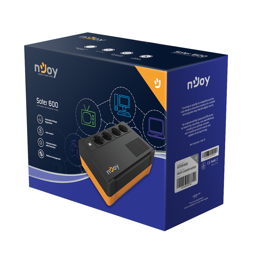 UPS nJoy Soter 600, 600VA/ 360W, 4 Prize Schuko cu protectie