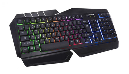 Tastatura gamig Serioux Andor, 104 taste, 19 taste Anti-ghosting , design ergonomic, iluminare rainbow, structura metalica neagra, taste negre, design cu palm rest, cablu USB 1.5M PVC, plug and play, compatibila cu Windows 2000/XP/9X/VISTA/7/8/10