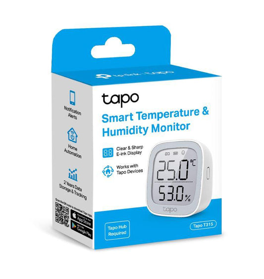 TP-LINK TAPO T315, Monitor smart de temperature si umiditate (necesit? Hub Tapo), Wireless: 868 / 922 MHz, Acuratete temperature: ±0.3°C, Acuratete umiditate: ±3%RH, Dimensiuni: 62 × 62 × 24.5 mm, Alimentare: 2 × AAA/LR03 battery