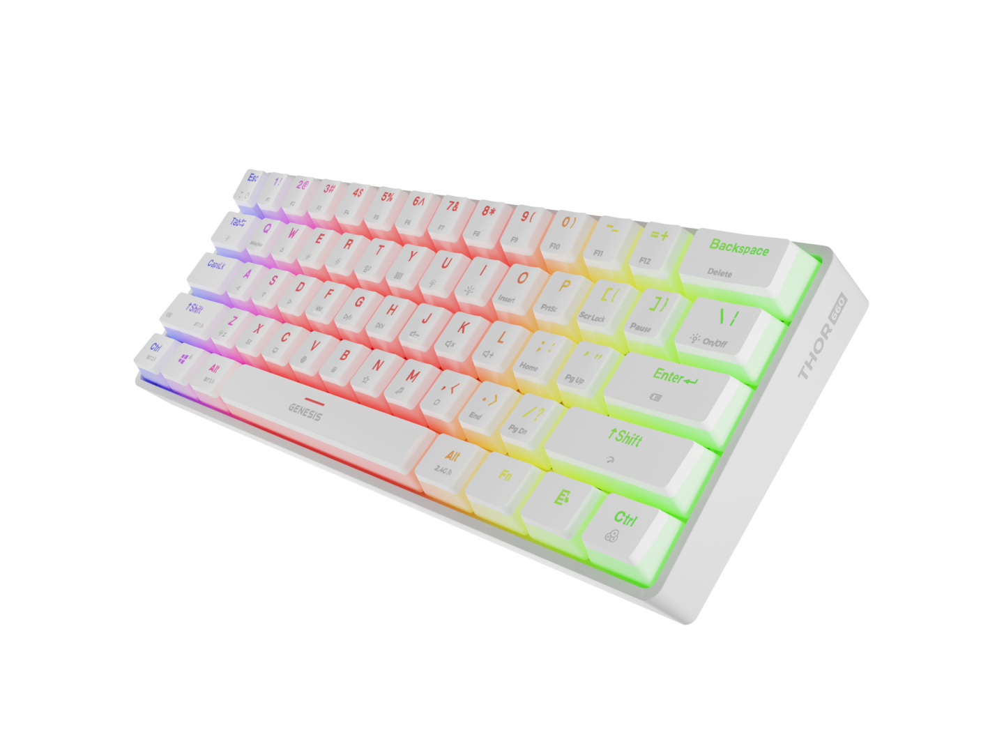Tastatura gaming mecanica wireless Genesis Thor 660 G2 60% , iluminare RGB, switch Tactile, switch model Gateron Brown, numar taste 61, 13 butoane multimedia, lungime cablu 1.5m, dimensiuni 293 x 102 x 39 mm, alb