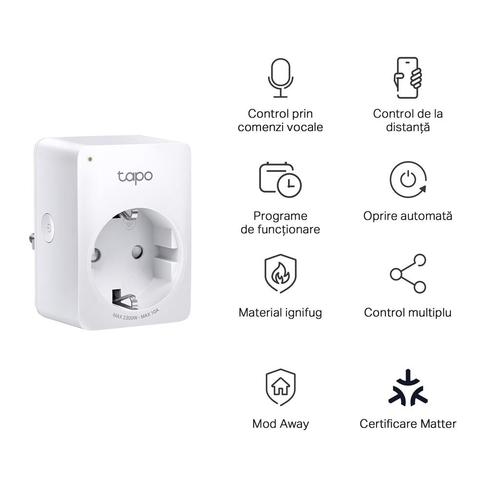 TP-LINK TAPO P100M Mini priz? Wi-Fi smart, compatibil? cu Matter, WIFI Protocol: IEEE 802.11b/g/n, Bluetooth, 2.4Ghz, Dimensiuni: 72 × 51 × 40 mm, Cerinte de alimentare: 100-240V~, Incarcare maxima: 2,300W, 10A.