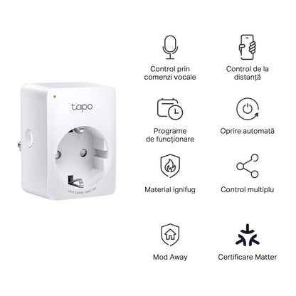 TP-LINK TAPO P100M Mini priz? Wi-Fi smart, compatibil? cu Matter, WIFI Protocol: IEEE 802.11b/g/n, Bluetooth, 2.4Ghz, Dimensiuni: 72 × 51 × 40 mm, Cerinte de alimentare: 100-240V~, Incarcare maxima: 2,300W, 10A.